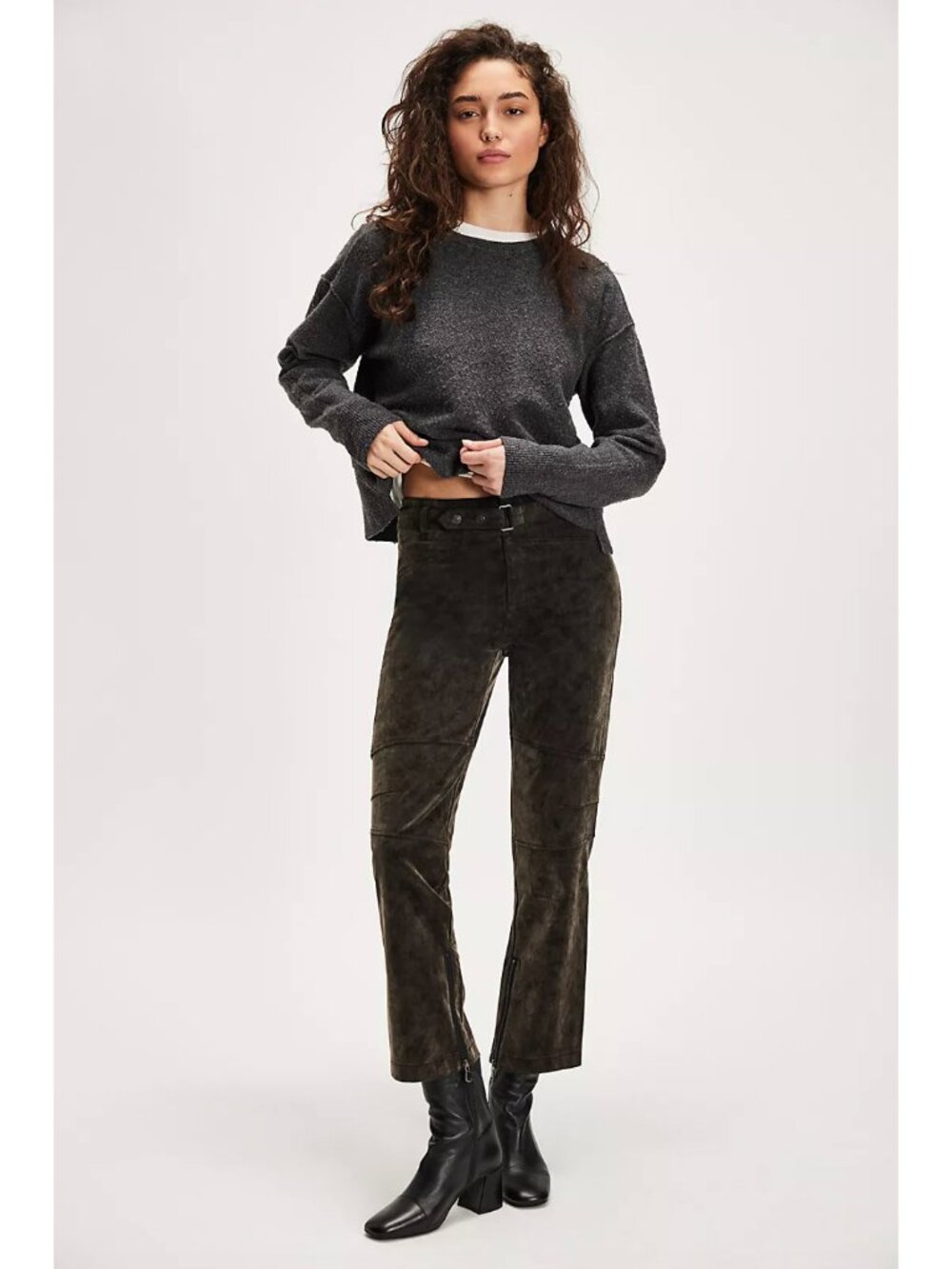 We The Free People Black Gray Faux Vegan Suede Titan Crop Flare Zip Hem Pants
